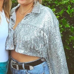 Silver Sequined Fringe Cropped Jacket